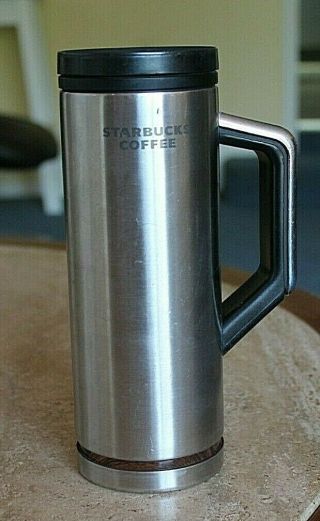 Starbucks Stainless Steel 16oz 2009 Travel Tumbler Coffee Mug Wood Grain Handle