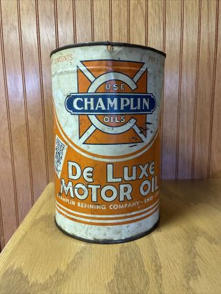 Vintage Champlin De Luxe 5 Quart Oil Can Metal Empty