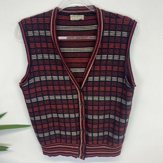Vintage 70s 80s Jaeger Red Black Knitted Vest Waistcoat Sz 10 12