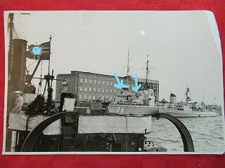 Wwii German Photo Combat Large 4.  5 X 7 Shot Frigate At Dock Danzig
