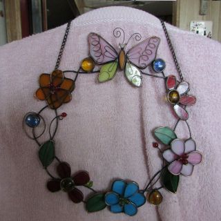 Stained Glass Christmas Wreath Butterfly And Flowers Suncatcher