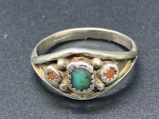 Vintage Sterling Silver Coral Turquoise Navajo Native Indian Ring Size 9