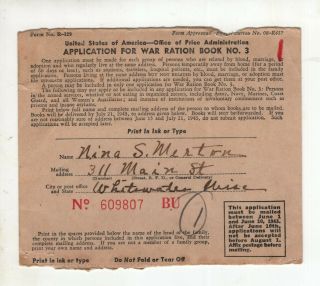 Application For War Ration Book No.  3 - Postmarked Whitewater Wisconsin - 1943