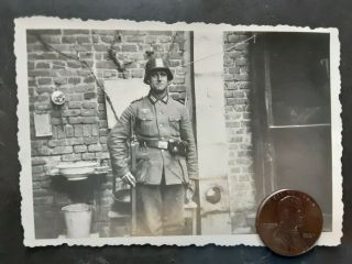 Ww2 German Army Wehrmacht Photo,  Soldier With Helmet,  Uniform,  Rifle
