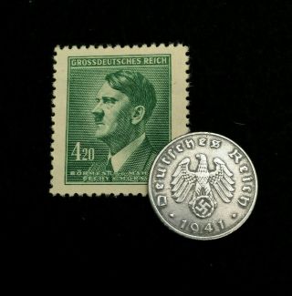 Old Wwii German War Five Rp Coin & 420pf Stamp World War 2 Artifacts