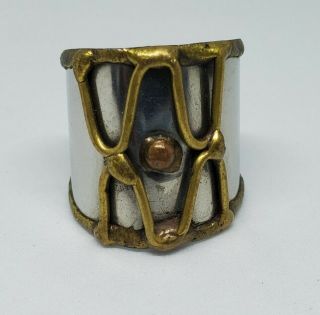 Brutalist Brass Copper Steel Wide Band Open Backed Ring Vintage Sz 8 - 9