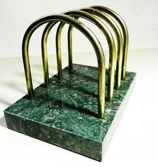 Vintage Desk Top Letter Holder Brass Arches On Green Marble Base - Taiwan