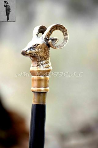 Brass Mountain Goat Head Handle Wooden Walking Cane Stick Antique Walking Stick