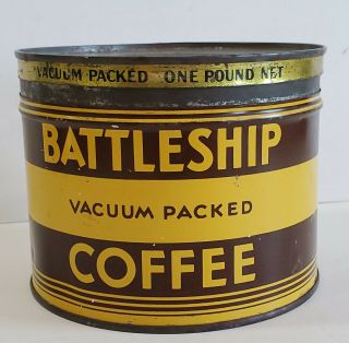 Vintage 1 Lb Battleship Coffee Tin/can,  1930 - 50,  Key - Open,  Vgc