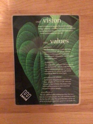 Rare Authentic Enron Vision And Values Laminated Placard