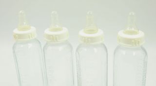 Vintage Evenflo 8 oz Glass Baby Bottles 4,  Dr.  Brown ' s Size 1 Nipples 3
