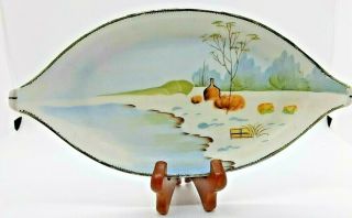 Vintage Nippon Hand Painted Oval Dish 9 " X 43/4 " X 1 " White With Green Trim Rim
