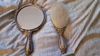 Heavy Vintage Antique Silver Plated Ornate Hand Mirror & Silver Brush
