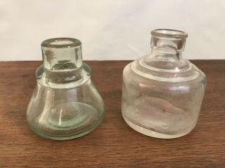 Vintage Set Of 2 Glass Inkwells Bottles (hd14)