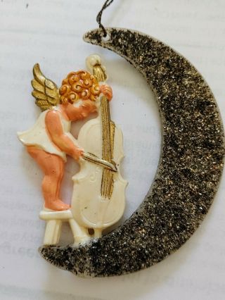 Vintage Plastic Glitter German Musical Angel On Moon Christmas Ornament