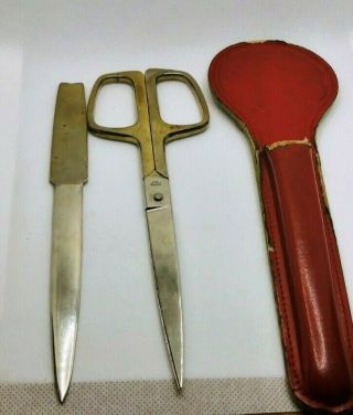 Antique Scissor And Letter Opener Set Leather case VTG German and Italian 3
