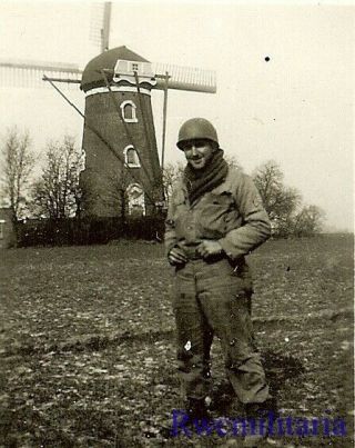 Awesome Helmeted Us Army Soldier Posed In Field By Windmill,  Holland 1944