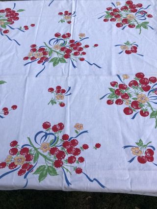 Vintage 1950’s Tablecloth Cherry Strawberry Red Cotton 54 X 45