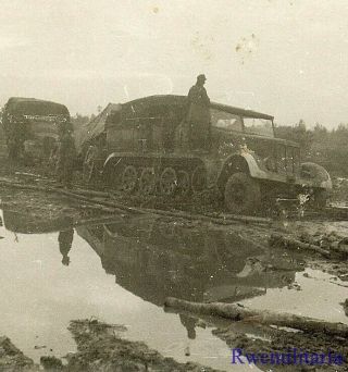 Slow Going German Sdkfz Halftrack Towing Lkw Truck Over Muddy Russian Field