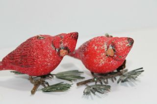 Set Of 2 Red Cardinal Bird On Branch Christmas Tree Ornaments Glitter Snow
