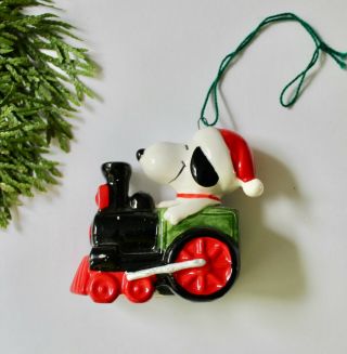 Vintage Snoopy Riding A Train Ceramic Christmas Ornament