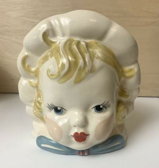 Vintage Lady Head Vase Baby Girl Blonde Hair With Bonnet Blue Bow 5.  5”