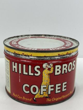 Vintage 40 ' s Hills Bros Coffee Can Tin Red Can Brand 1lb Lid 16382 Extra Rich 2