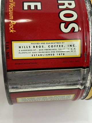 Vintage 40 ' s Hills Bros Coffee Can Tin Red Can Brand 1lb Lid 16382 Extra Rich 3