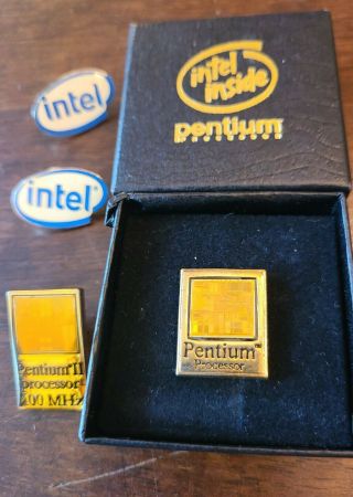 Vintage 2 Intel Pentium Processor All Metal Gold Lapel Pins W/die 2 Orig.  Logo