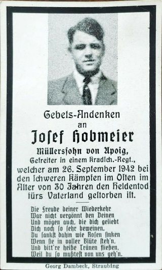 German Death Card.  Died In The East At The Age Of 30.