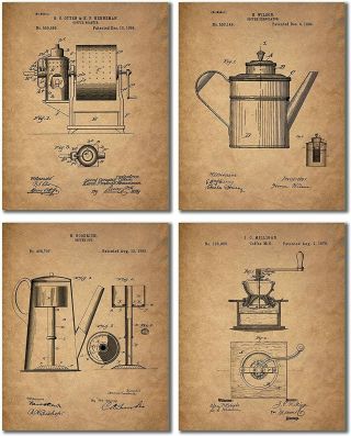 Coffee Patent Prints - Set Of 4 Coffee Bar Unique Kitchen Decor Wall Art Photos