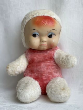Vintage Stuffed Rubber Face Baby Sad Crying Pink 1950 