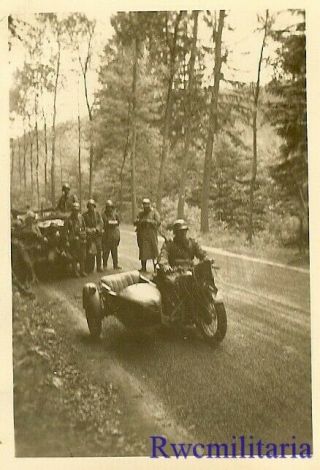 GREAT Wehrmacht Kradmelder on Motorcycle by Column Stopped on Road 2