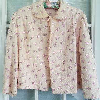 Vintage Pink Quilted Puff Bed Jacket Purple Violets Collar Lined Size M/l
