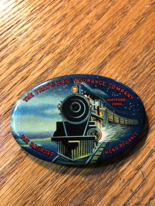 Celluloid Advertising Pocket Mirror Travelers Insurance Co.  The Railroad Train
