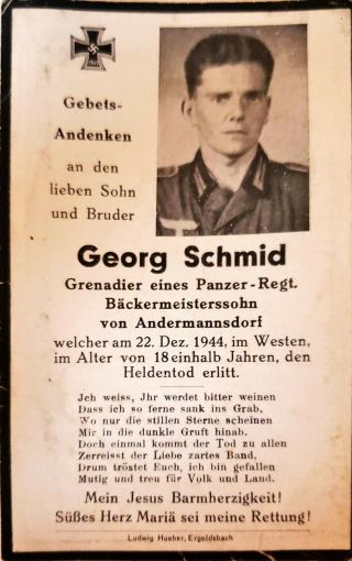 German Death Card.  Died In The West.  Panzer Regiment.