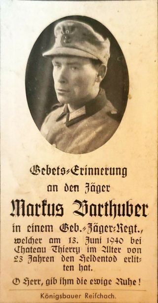 German Death Card.  Died In The Invasion Of France In Chateau Thierry.
