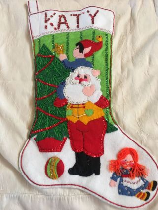 Vintage Handmade Felt Christmas Santa Stocking 3d Appliques & Sequins 19” Katy