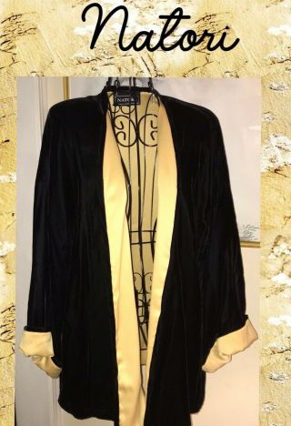 Vintage Natori Black Velvet Open Front Jacket W/gold Satin Lining Size Large