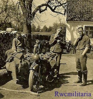 Best Wehrmacht Kradmelder Troops Resting W/ Stopped Motorcycle (2)