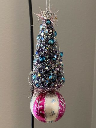 Vintage Poland Hand Painted Glitter Mercury Glass Christmas Tree Bulb Ornament