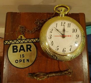 Vintage Spartus Backwards Wall Bar Open Gold Clock Pocket Watch Mid Century