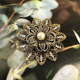 Vintage Filigree Faux Pearl Gold Tone Damascene Theme Brooch Pin Spanish Toledo