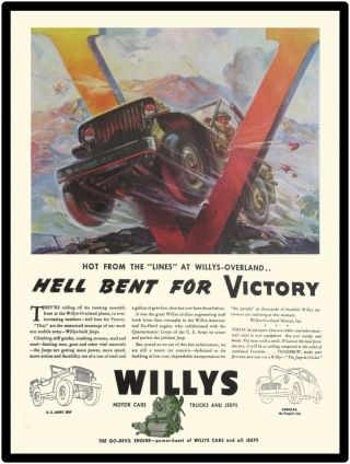 1945 Willys Jeep Metal Sign: Hell Bent For Victory - Large Size