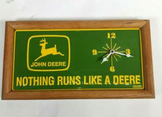 John Deere License Plate Clock Quartz Movement Wood Frame Euc