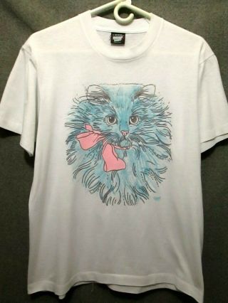 Vtg Single Stitch Kitty Cat Graphic Thin White T - Shirt 1990 Adult Large Usa