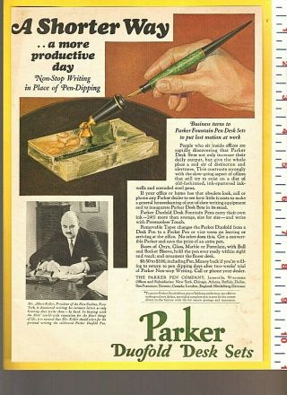 Vintage & 1929 Parker Duofold Desk Set Fountain Pen Advertisement