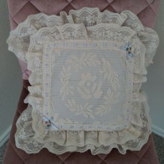 Vintage Cream Blue Intricate Lace Pillow With Ruffle Lace Trim