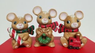 3 Vintage Homco Christmas Mice Porcelain Figurines Wreath Candy Cane Train 5210