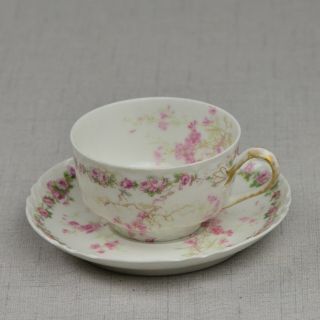 Vintage Haviland Limoges Pink Floral China Tea Cup & Saucer With Gold Accents